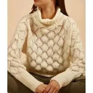 Frnch Paris Open Knit Turtleneck Sweater Long Sleeve Cream Pullover Size M/L